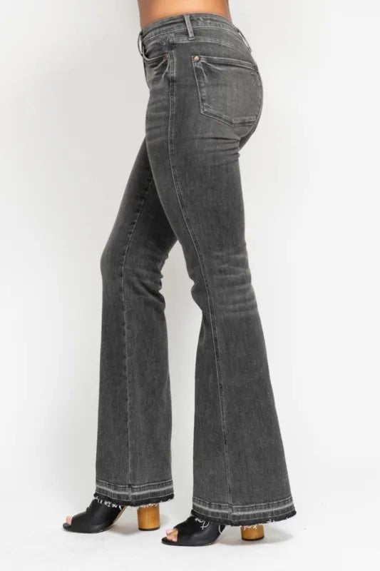 Judy Blue Full Size Mid Rise Tummy Control Washed Gray Flare Jeans Plus Size - Love Salve