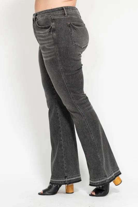 Judy Blue Full Size Mid Rise Tummy Control Washed Gray Flare Jeans Plus Size - Love Salve