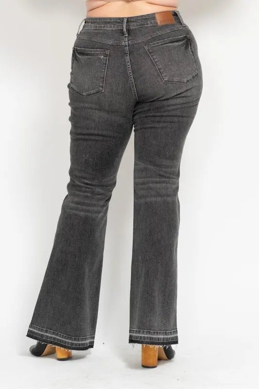 Judy Blue Full Size Mid Rise Tummy Control Washed Gray Flare Jeans Plus Size - Love Salve