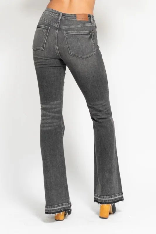 Judy Blue Full Size Mid Rise Tummy Control Washed Gray Flare Jeans Plus Size - Love Salve