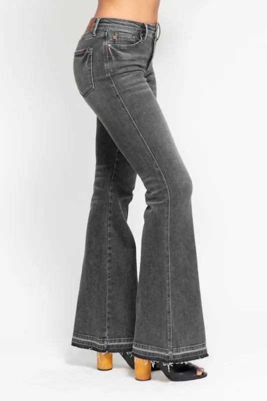 Judy Blue Full Size Mid Rise Tummy Control Washed Gray Flare Jeans Plus Size - Love Salve