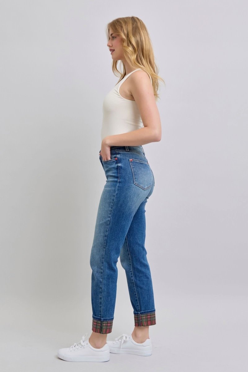 Judy Blue Full Size Plaid Print Cuff Straight Leg Jeans with Pockets - Love Salve