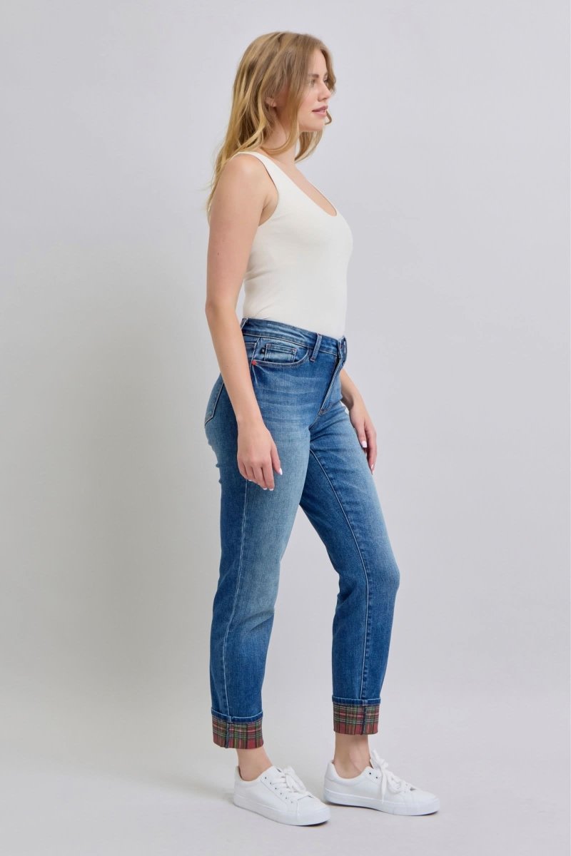Judy Blue Full Size Plaid Print Cuff Straight Leg Jeans with Pockets - Love Salve