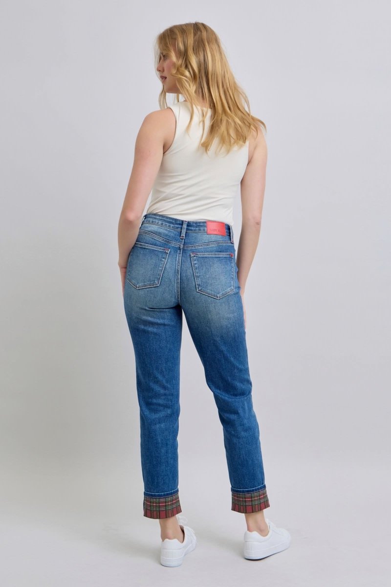 Judy Blue Full Size Plaid Print Cuff Straight Leg Jeans with Pockets - Love Salve