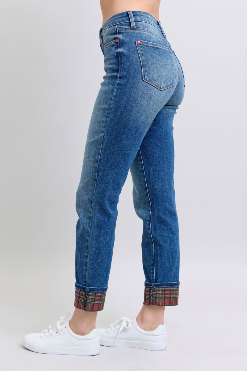 Judy Blue Full Size Plaid Print Cuff Straight Leg Jeans with Pockets - Love Salve