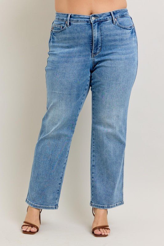Judy Blue Full Size Tummy Control Vintage Wash Straight Jeans Plus Size - Love Salve