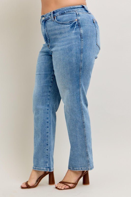 Judy Blue Full Size Tummy Control Vintage Wash Straight Jeans Plus Size - Love Salve
