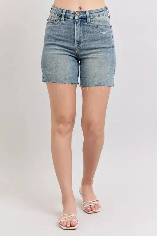 Judy Blue High Waist Vintage Wash Side Slit Denim Shorts - Love Salve