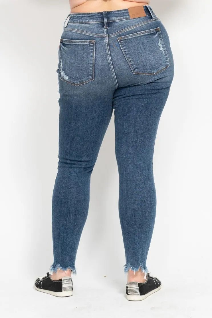 Judy Blue Plus Size High Waist Skinny with Destroy & Shark Bit Hem - Love Salve