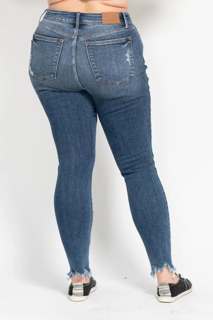 Judy Blue Plus Size High Waist Skinny with Destroy & Shark Bit Hem - Love Salve