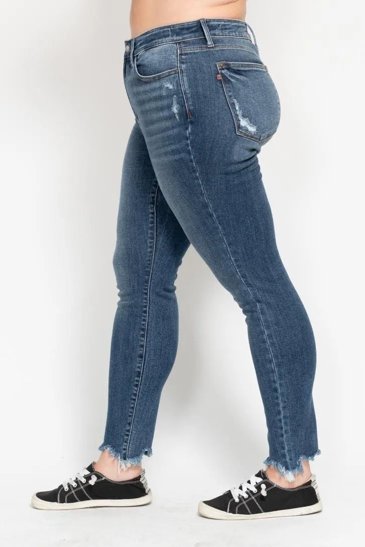 Judy Blue Plus Size High Waist Skinny with Destroy & Shark Bit Hem - Love Salve