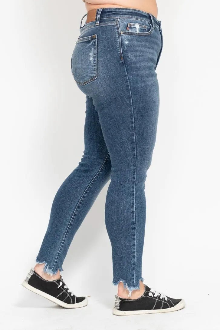 Judy Blue Plus Size High Waist Skinny with Destroy & Shark Bit Hem - Love Salve