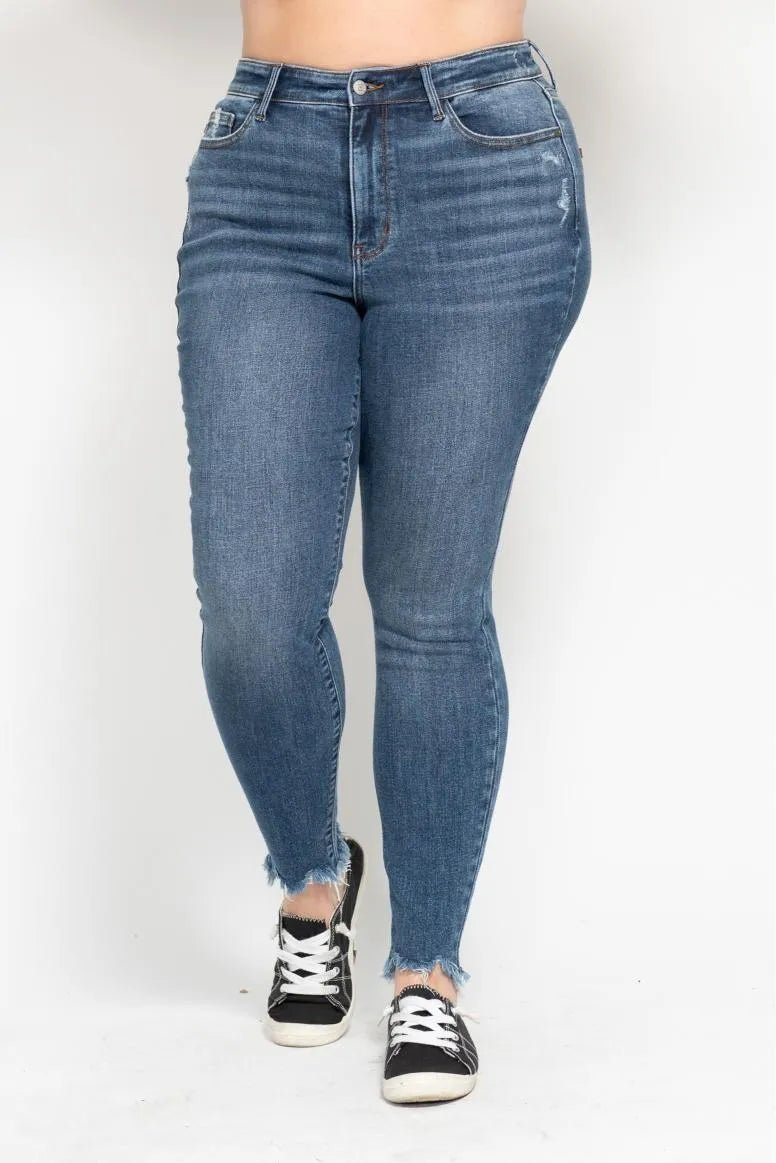Judy Blue Plus Size High Waist Skinny with Destroy & Shark Bit Hem - Love Salve