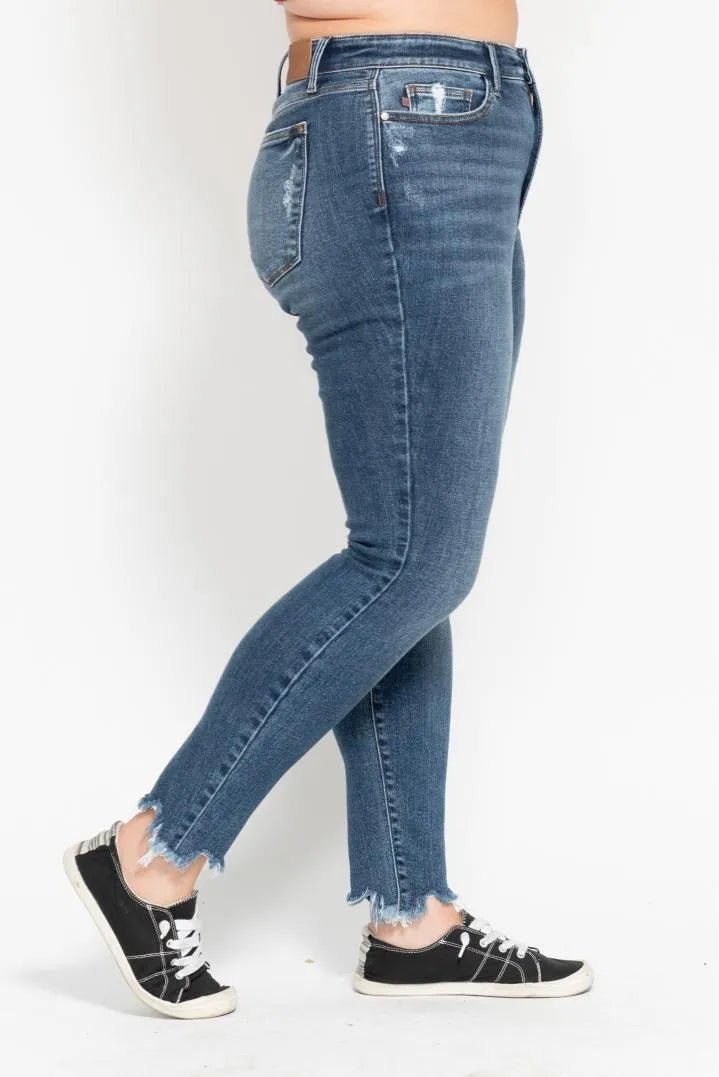 Judy Blue Plus Size High Waist Skinny with Destroy & Shark Bit Hem - Love Salve