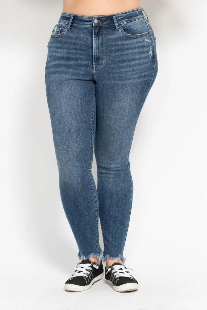 Judy Blue Plus Size High Waist Skinny with Destroy & Shark Bit Hem - Love Salve