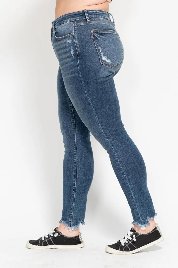 Judy Blue Plus Size High Waist Skinny with Destroy & Shark Bit Hem - Love Salve