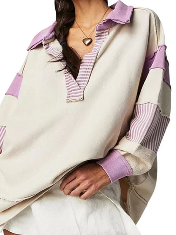 Cozy women's v-neck patchwork top - Love Salve