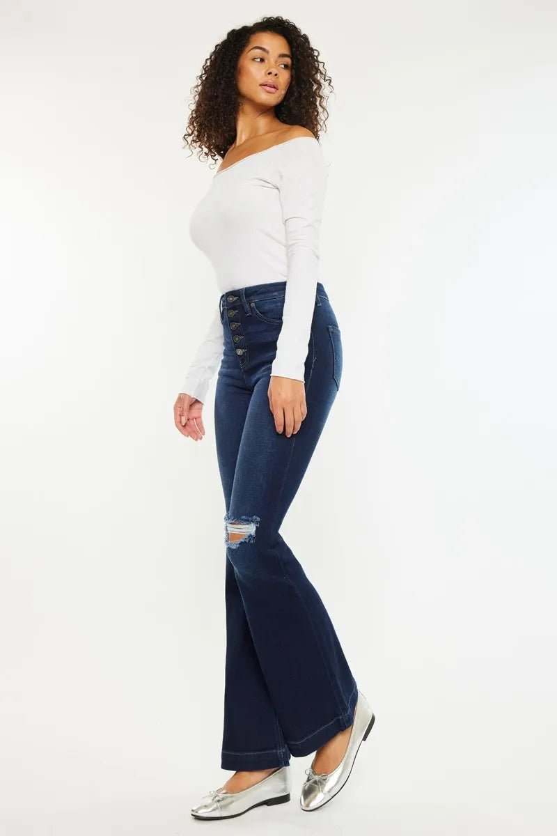 Kancan Button Fly High Rise Distressed Flare Jeans Women - Love Salve