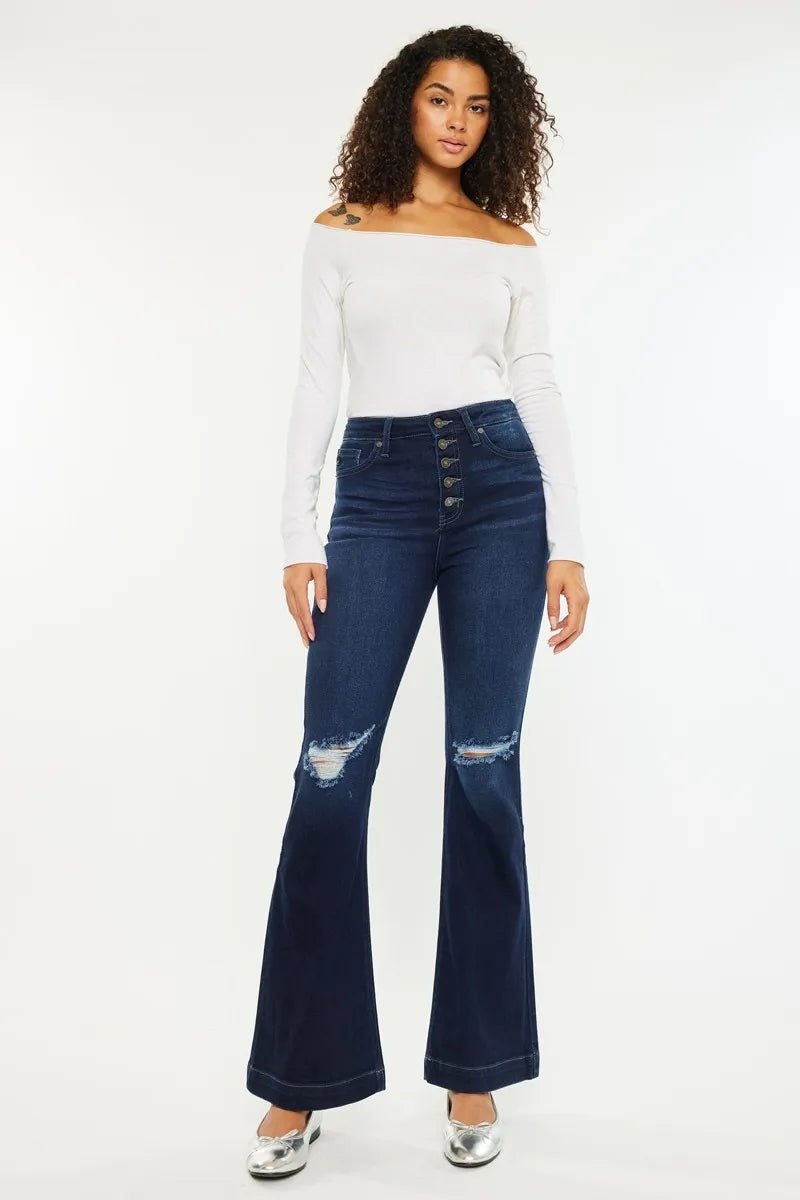 Kancan Button Fly High Rise Distressed Flare Jeans Women - Love Salve