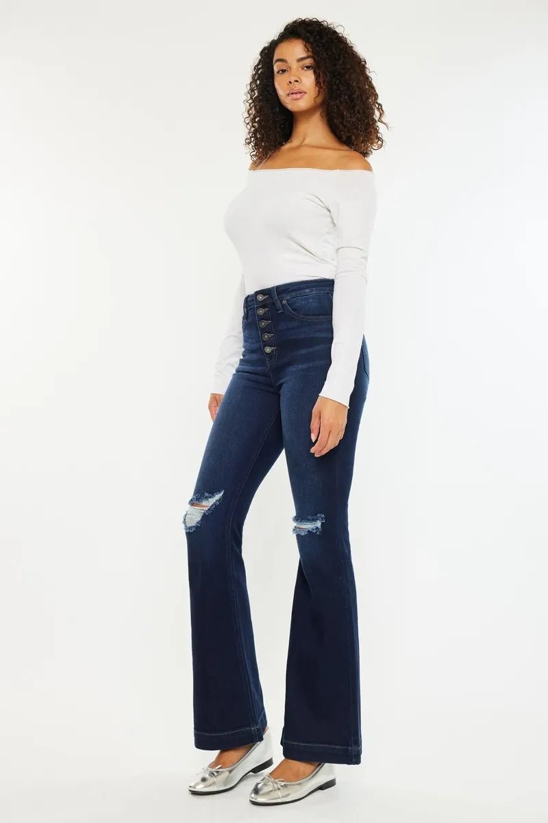 Kancan Button Fly High Rise Distressed Flare Jeans Women - Love Salve