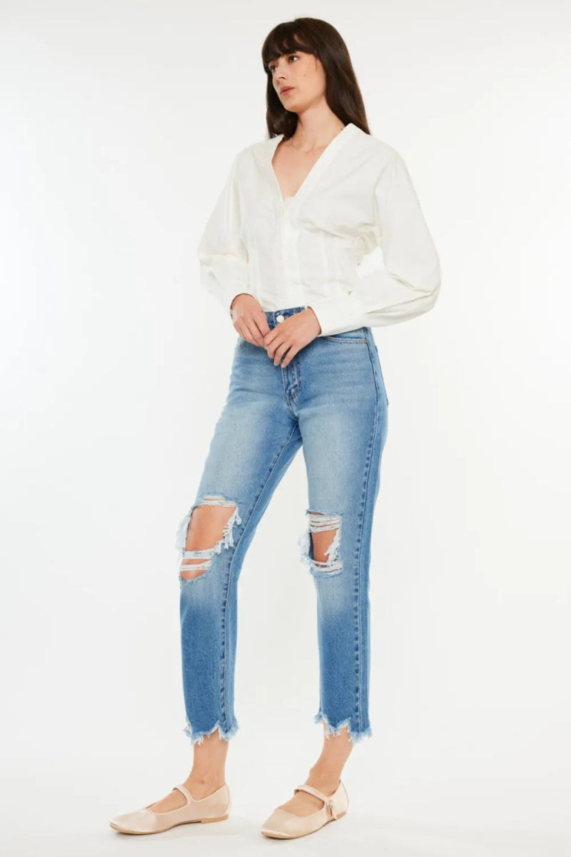 Kancan Distressed Frayed Hem Cropped Jeans for Women - Love Salve