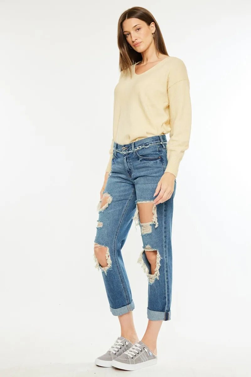 Kancan Distressed Mid Rise True Boyfriend Jeans for Women - Love Salve