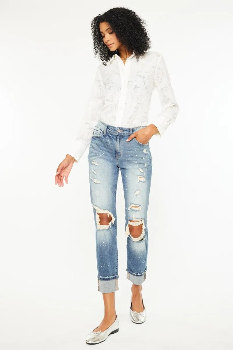 Kancan High Rise Distressed Boyfriend Fit Jeans for Women - Love Salve