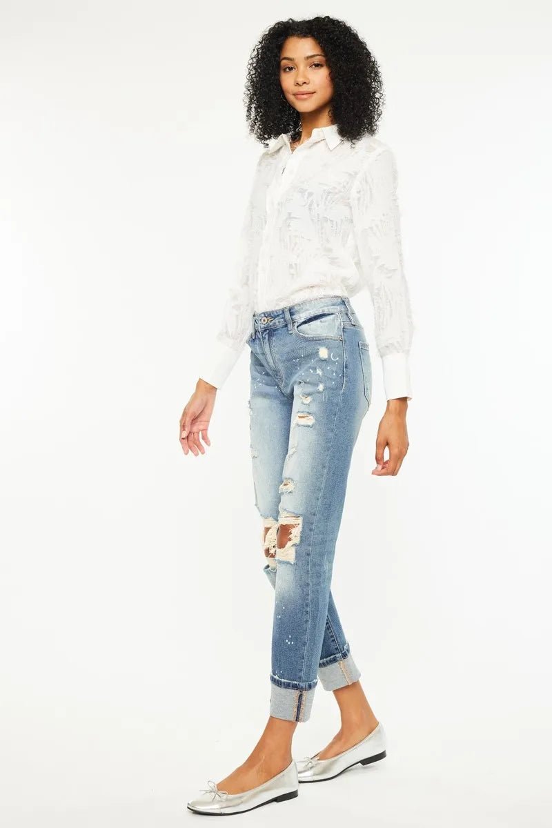 Kancan High Rise Distressed Boyfriend Fit Jeans for Women - Love Salve