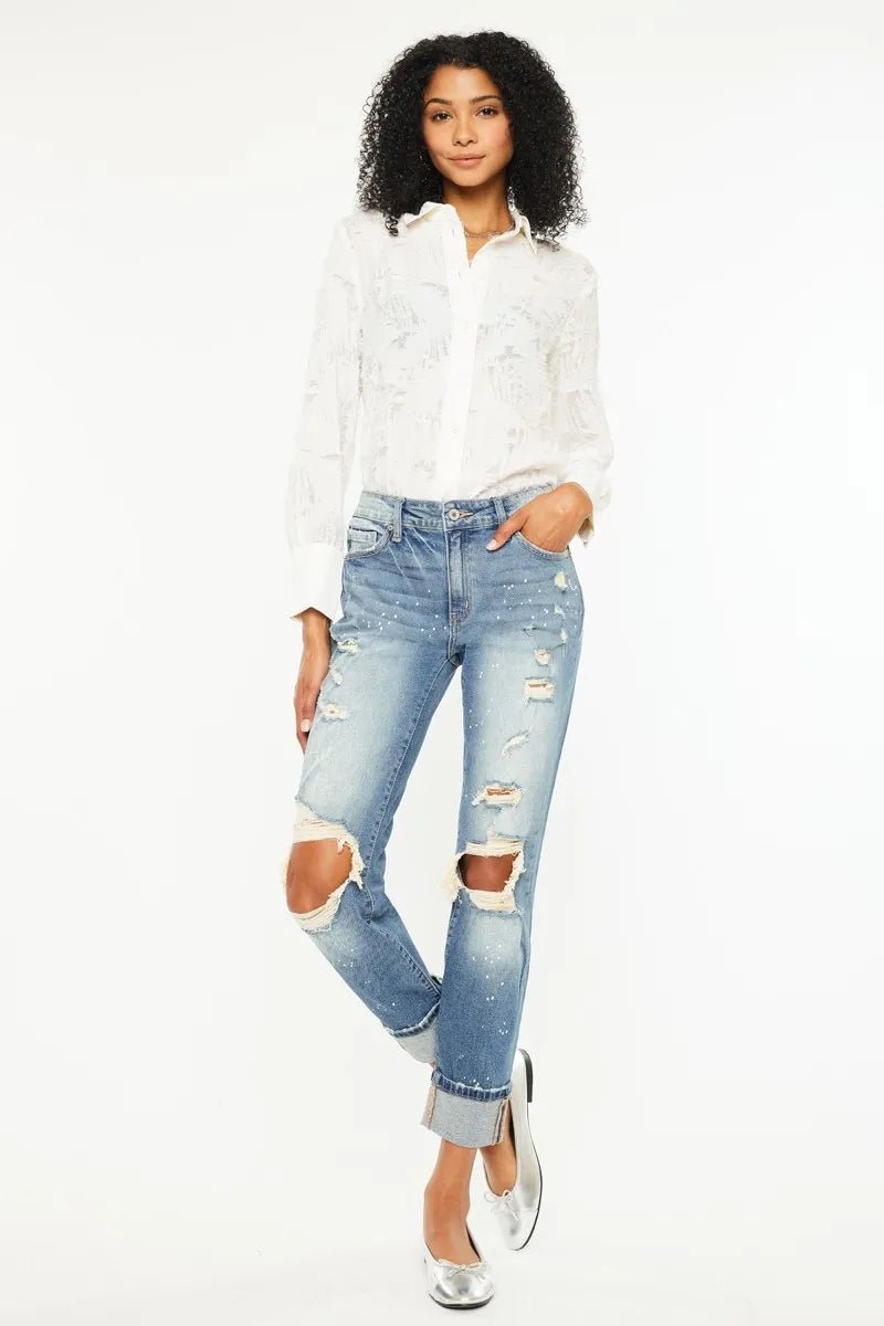 Kancan High Rise Distressed Boyfriend Fit Jeans for Women - Love Salve