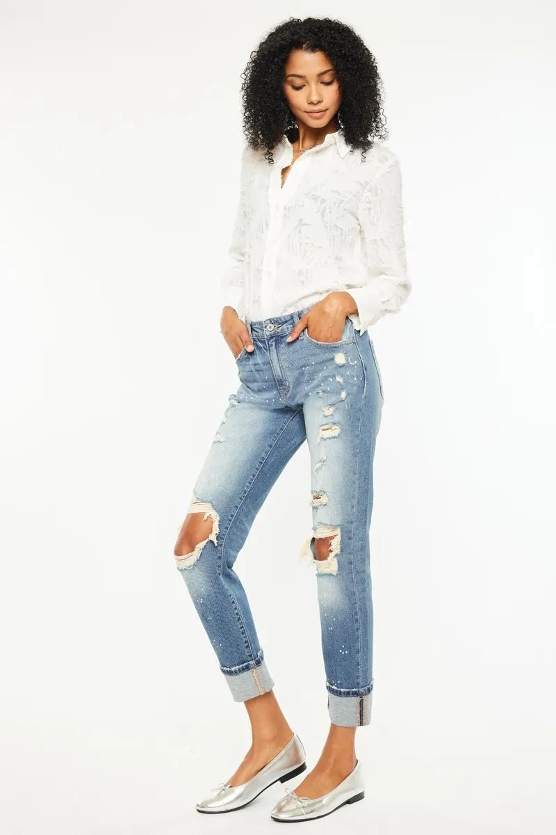 Kancan High Rise Distressed Boyfriend Fit Jeans for Women - Love Salve