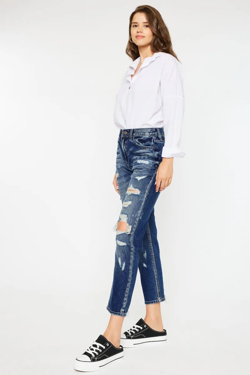 Kancan High Rise Distressed Mom Fit Jeans for Women - Love Salve