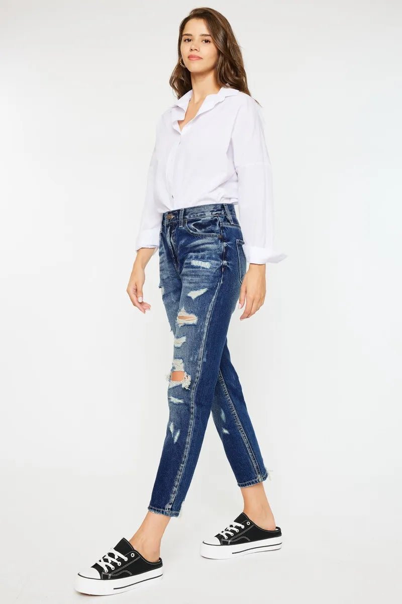 Kancan High Rise Distressed Mom Fit Jeans for Women - Love Salve