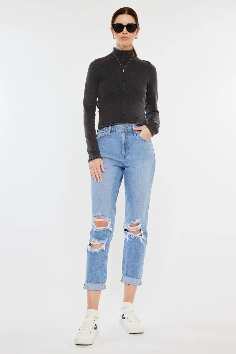Kancan High Rise Distressed Mom Jeans for Trendy Style - Love Salve