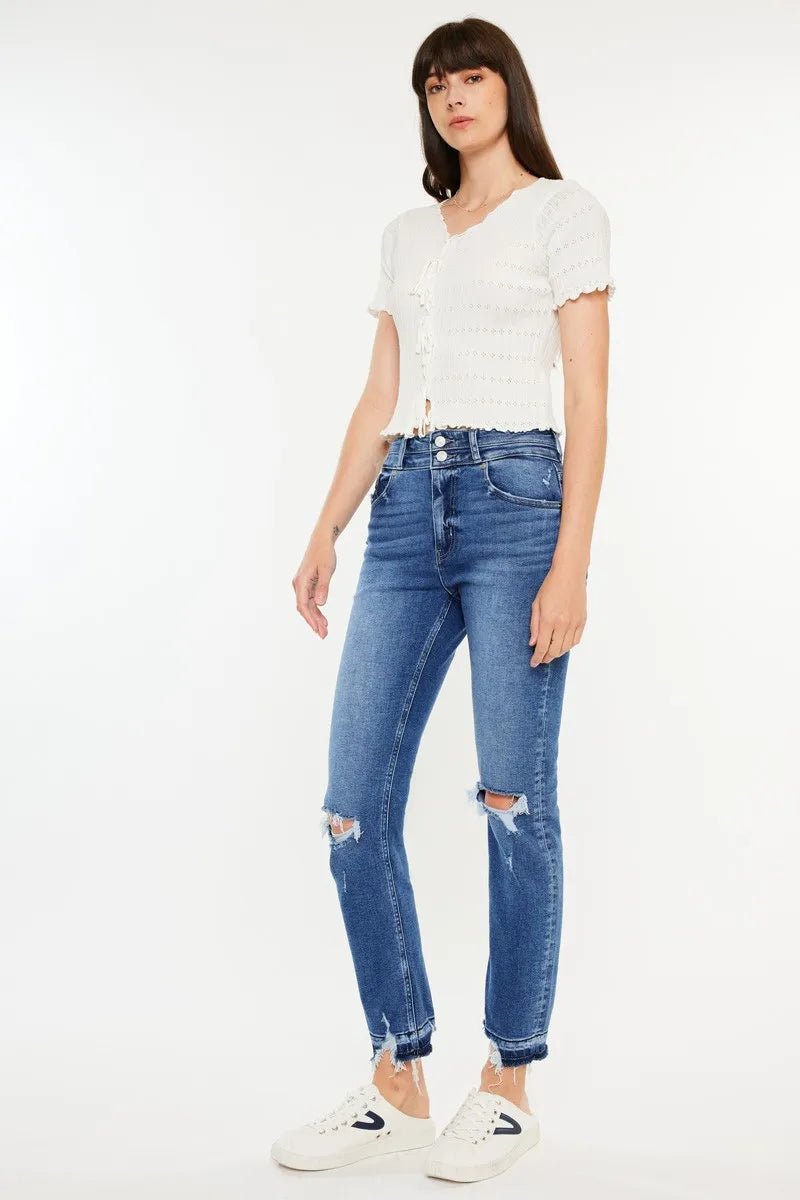 Kancan High Rise Distressed Slim Straight Jeans for Women - Love Salve