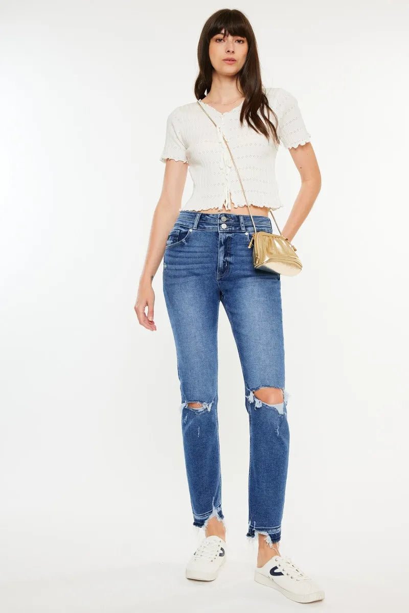 Kancan High Rise Distressed Slim Straight Jeans for Women - Love Salve