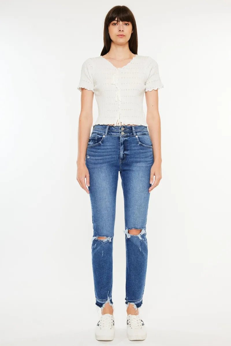 Kancan High Rise Distressed Slim Straight Jeans for Women - Love Salve