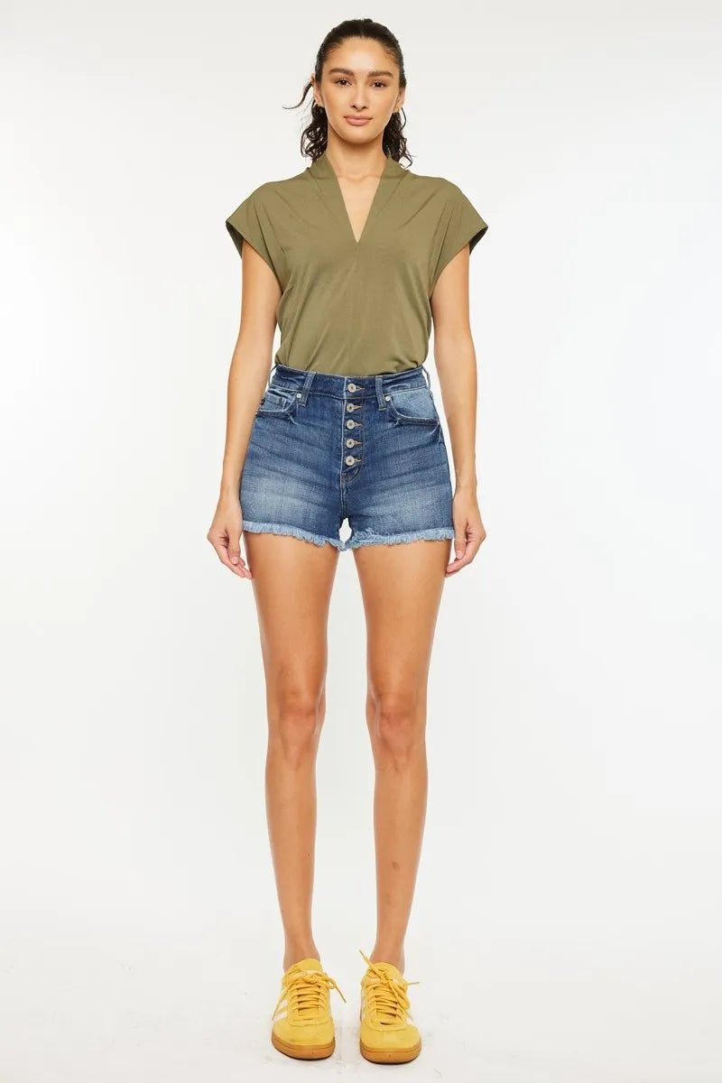 Kancan High Rise Frayed Hem Denim Shorts for Summer Style - Love Salve