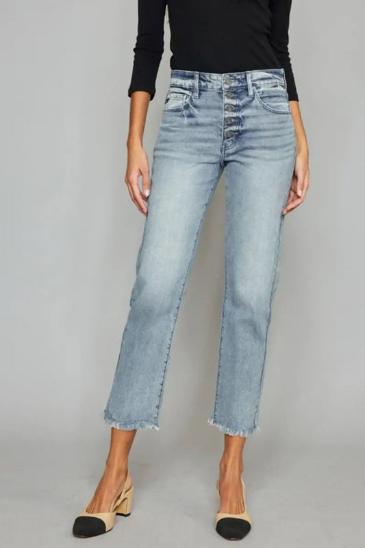 Kancan High Waist Button Fly Raw Hem Cropped Straight Jeans - Love Salve