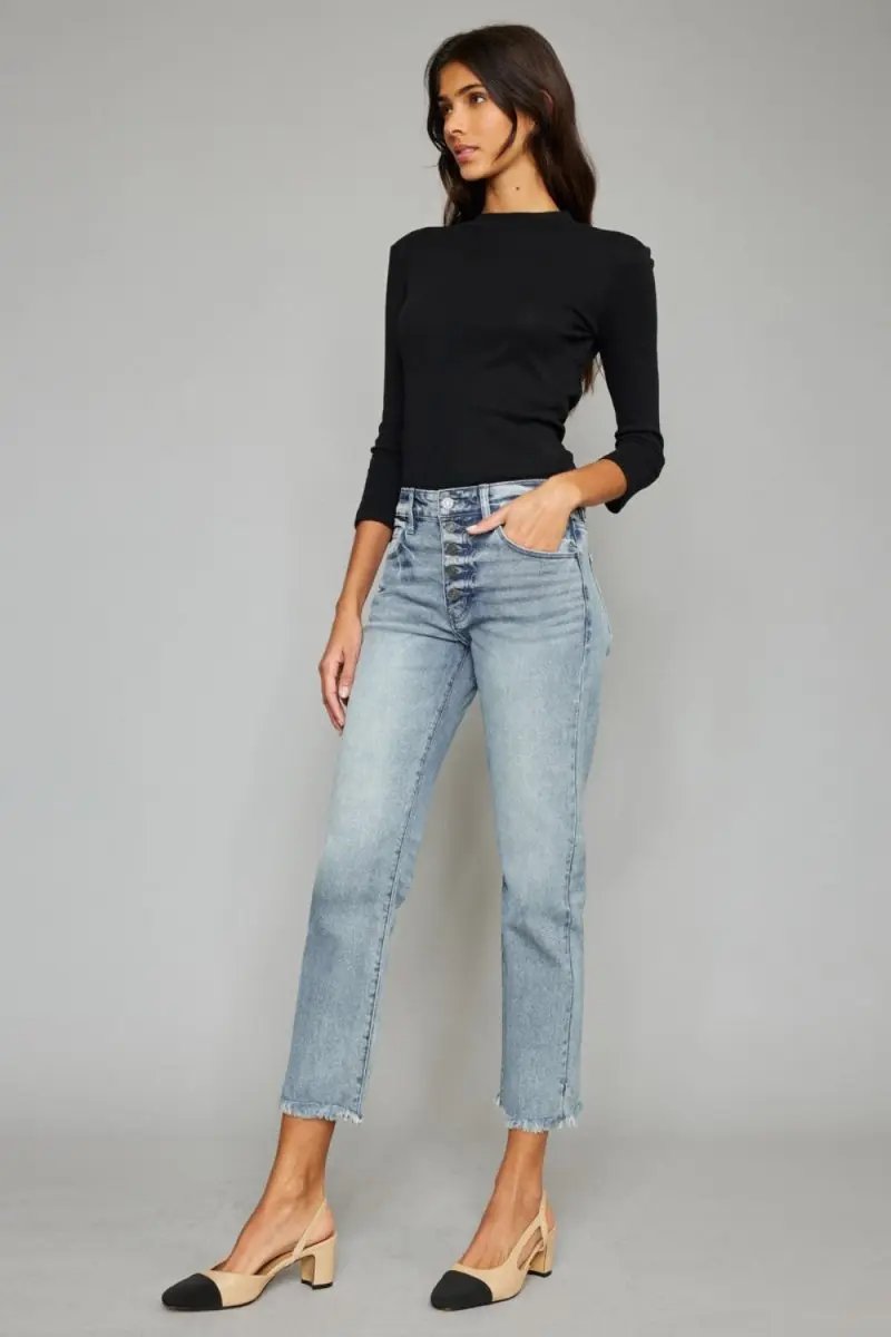 Kancan High Waist Button Fly Raw Hem Cropped Straight Jeans - Love Salve