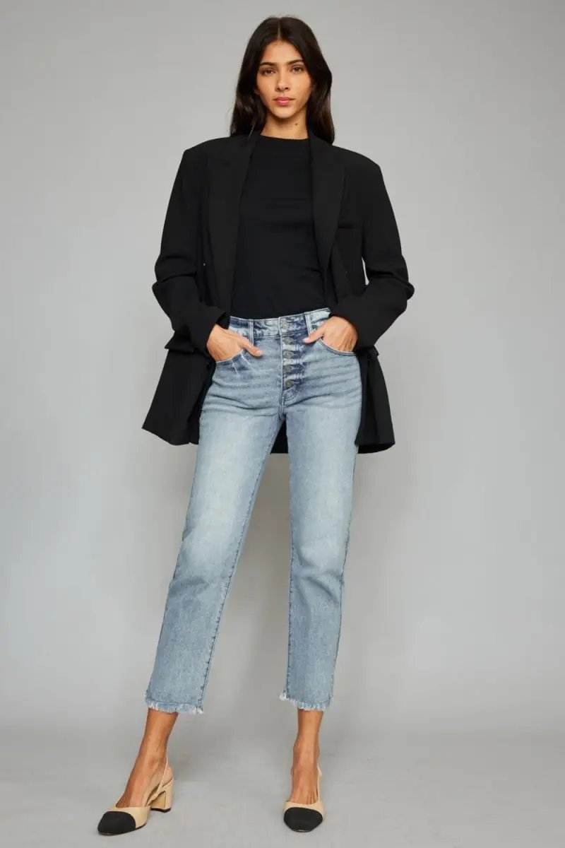Kancan High Waist Button Fly Raw Hem Cropped Straight Jeans - Love Salve
