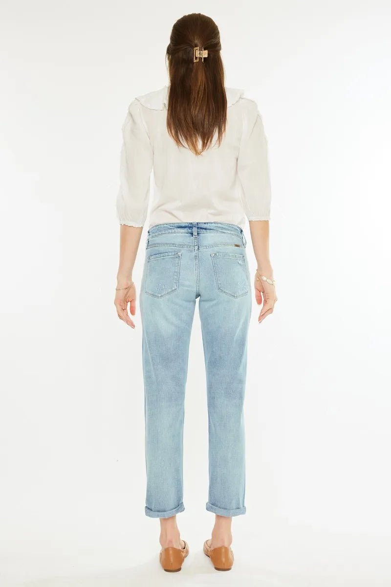 Kancan Mid Rise Distressed Boyfriend Fit Jeans for Women - Love Salve
