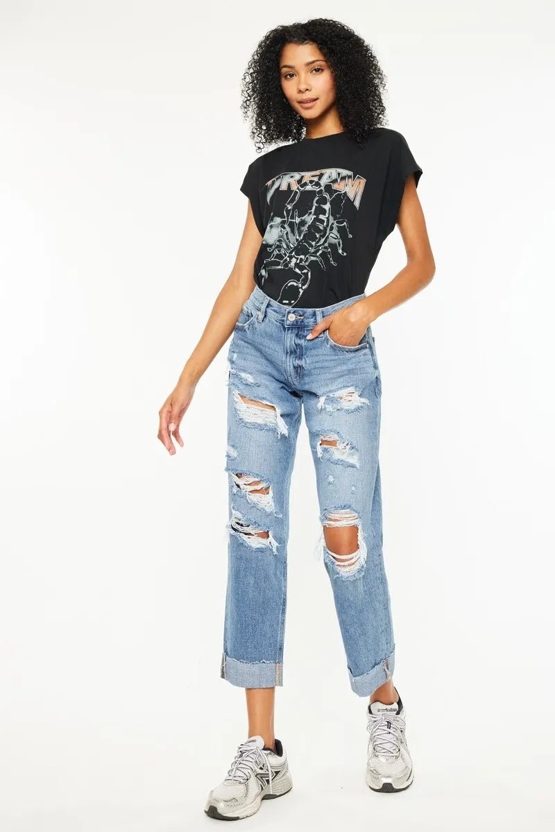 Kancan Mid Rise Distressed Boyfriend Fit Jeans for Women - Love Salve