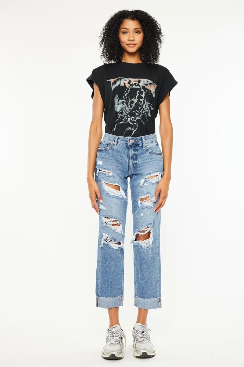 Kancan Mid Rise Distressed Boyfriend Fit Jeans for Women - Love Salve
