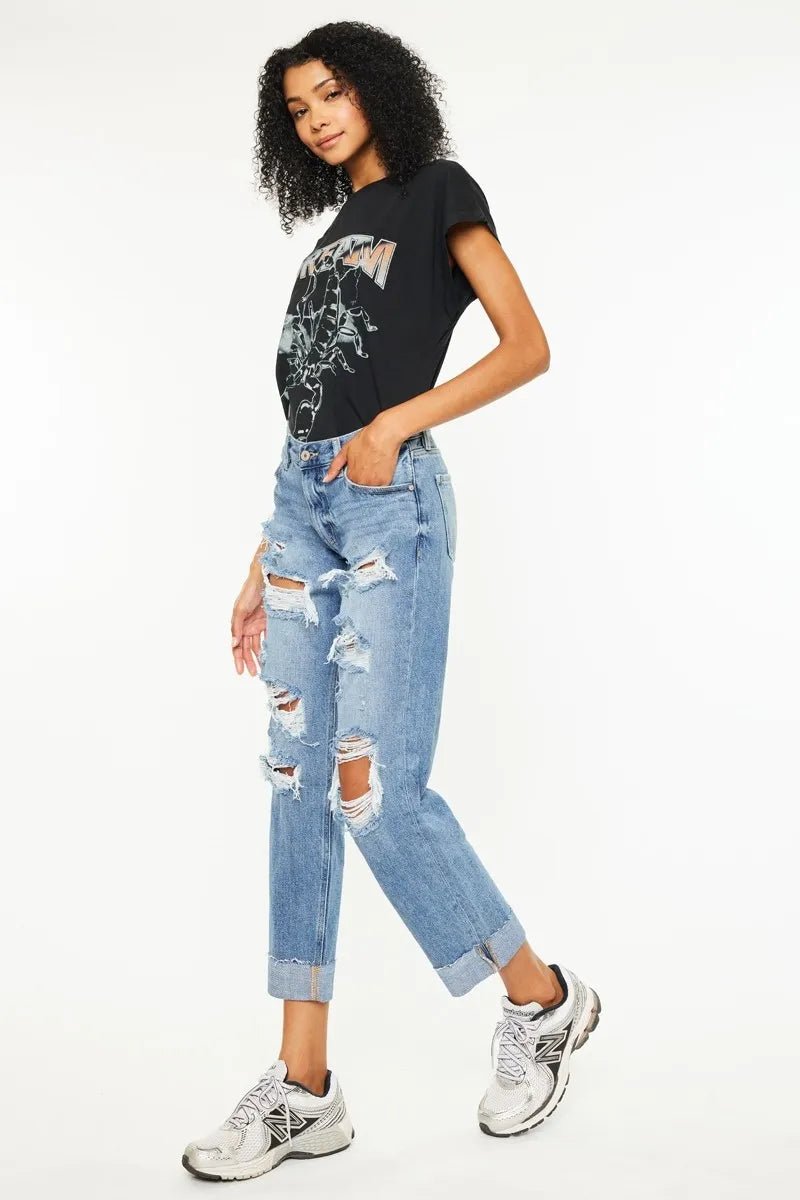 Kancan Mid Rise Distressed Boyfriend Fit Jeans for Women - Love Salve