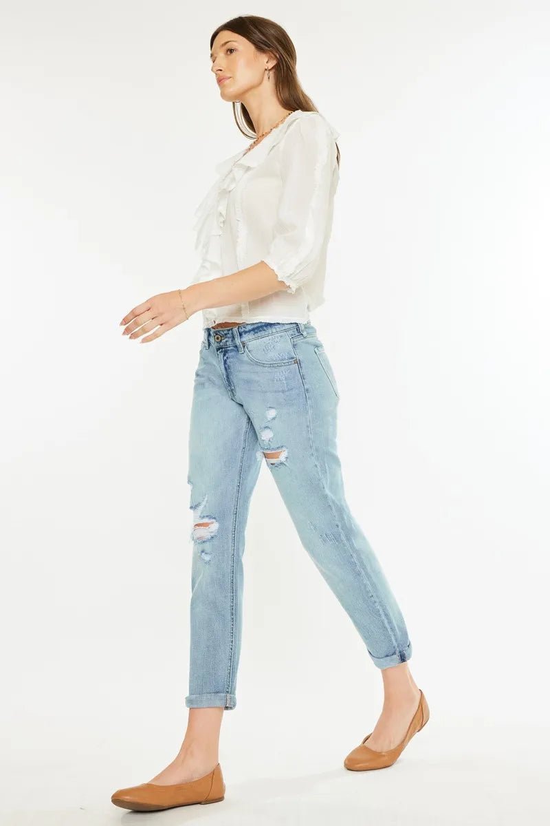 Kancan Mid Rise Distressed Boyfriend Fit Jeans for Women - Love Salve