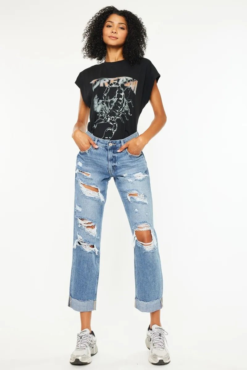 Kancan Mid Rise Distressed Boyfriend Fit Jeans for Women - Love Salve