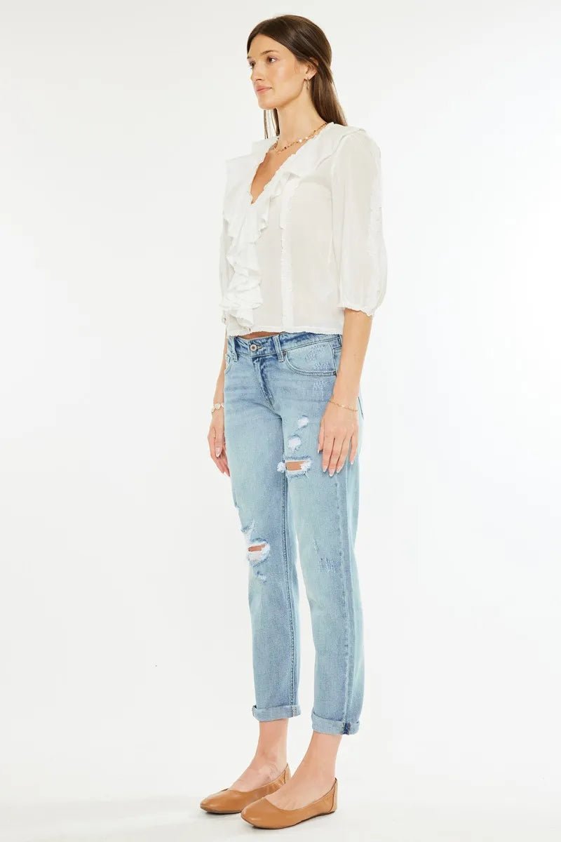 Kancan Mid Rise Distressed Boyfriend Fit Jeans for Women - Love Salve
