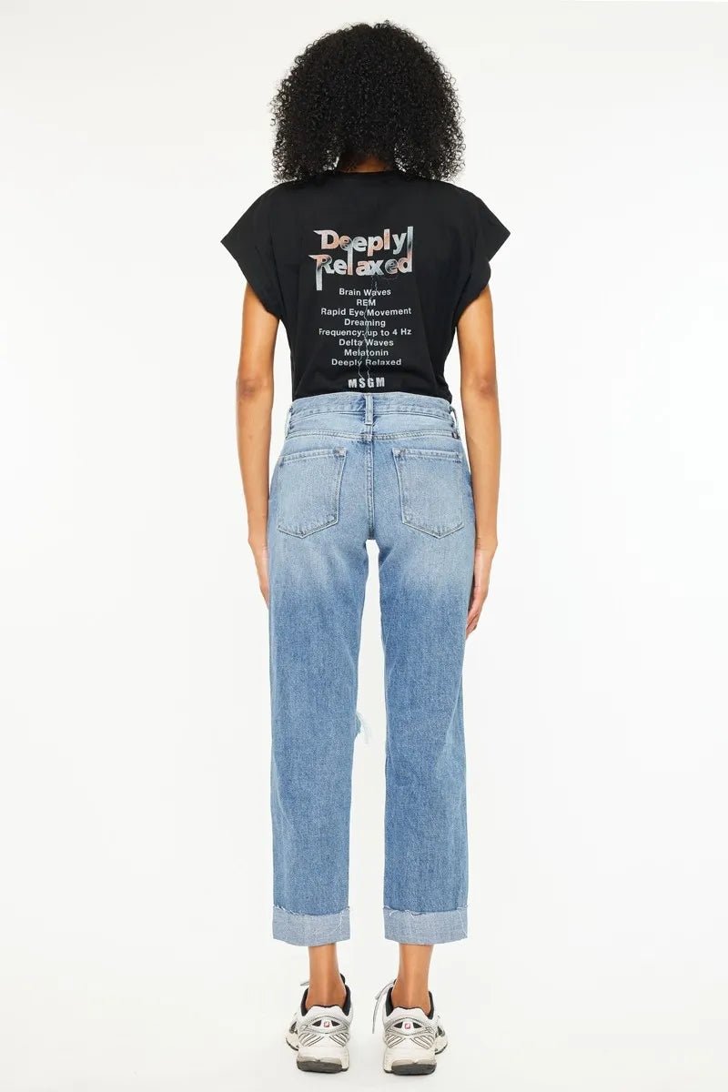 Kancan Mid Rise Distressed Boyfriend Fit Jeans for Women - Love Salve