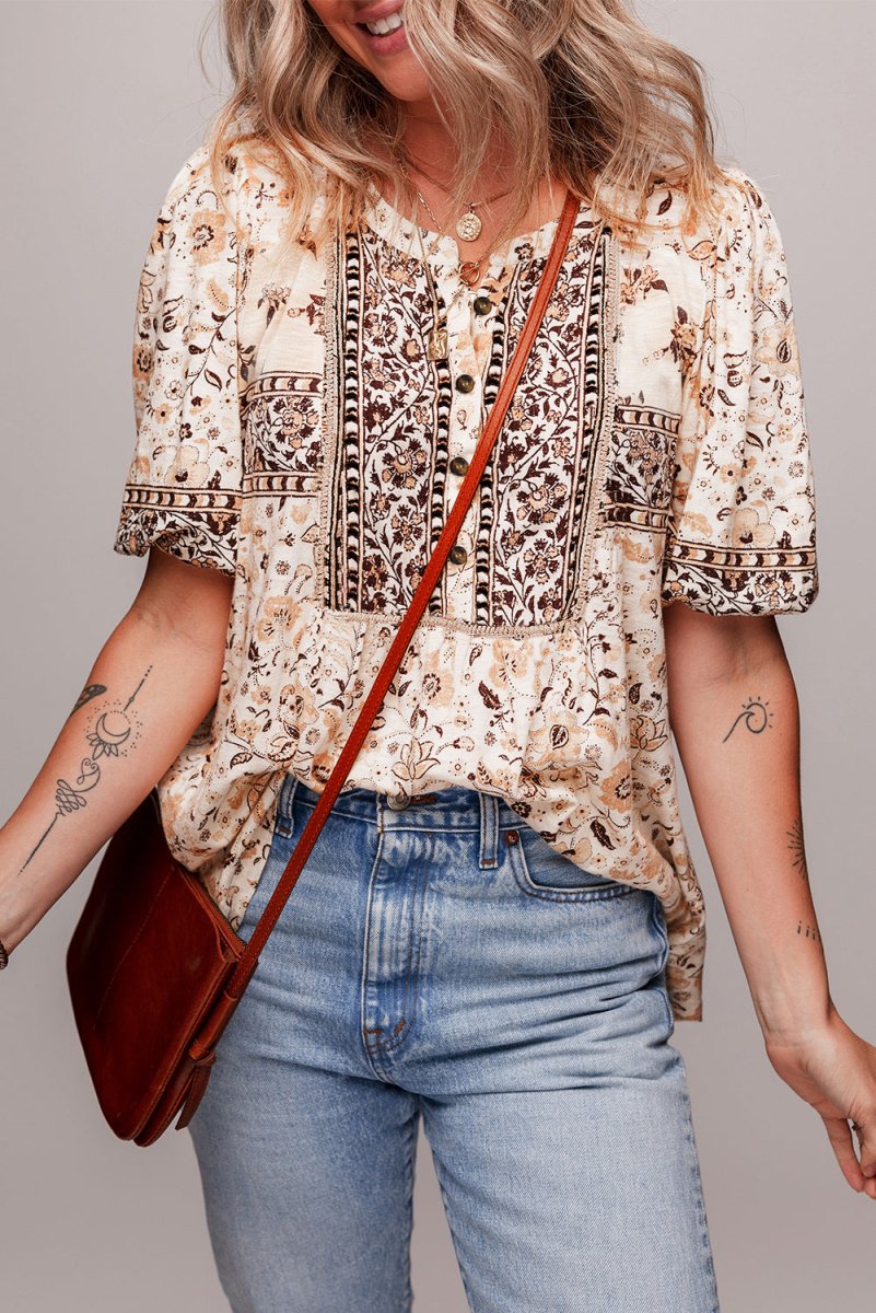 Khaki Boho Floral Print Half Placket Short Sleeve Blouse - Love Salve