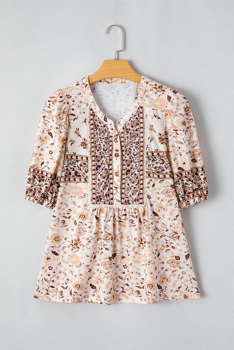 Khaki Boho Floral Print Half Placket Short Sleeve Blouse - Love Salve